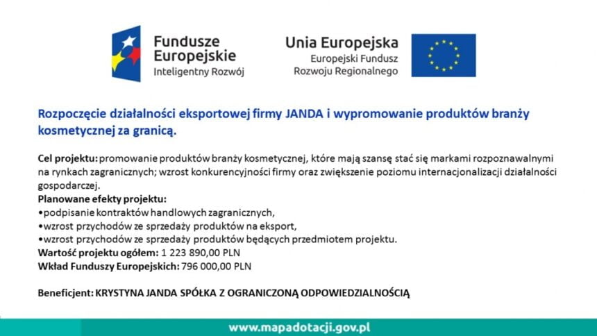 Plansza informacyjna o dofinansowaniu z Funduszy Europejskich dla firmy JANDA