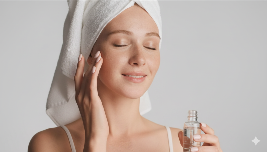 kobieta z ręcznikiem na głowie nakładająca serum na twarz