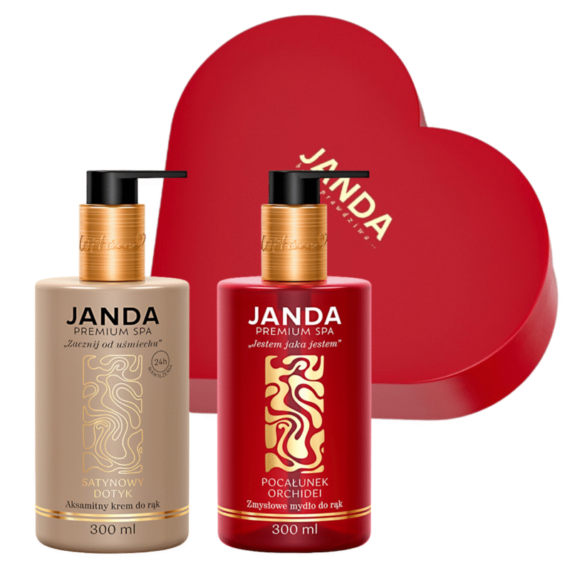 Zestaw prezentowy JANDA PREMIUM SPA – Krem do rąk Satynowy Dotyk 300 ml & Mydło do rąk Pocałunek Orchidei w pudełku w kształcie serca